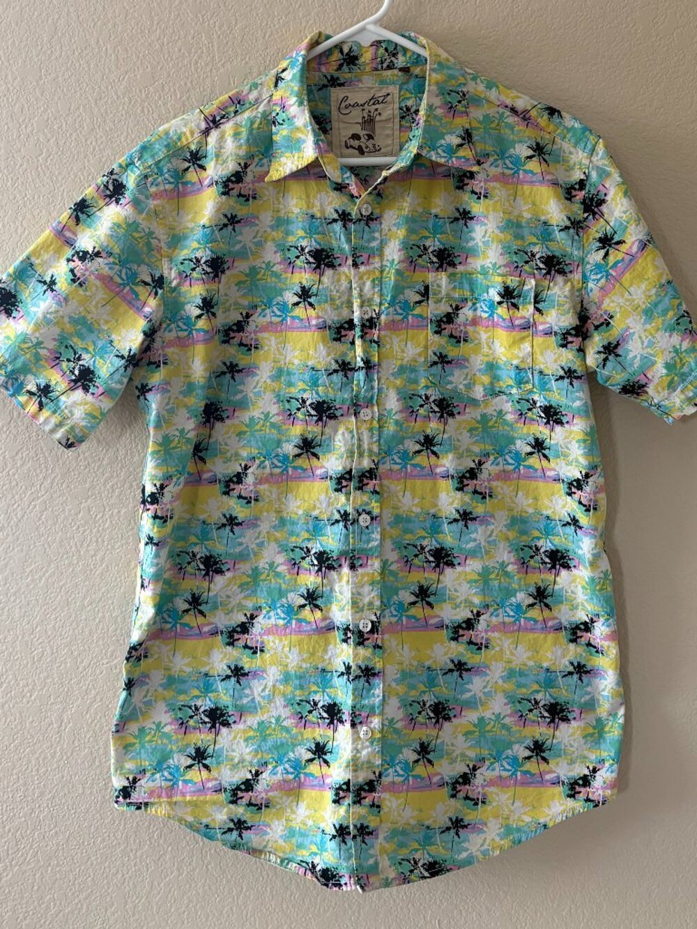 Colorful tropical Hawaiian-style button-up shirt featuring a palm tree print